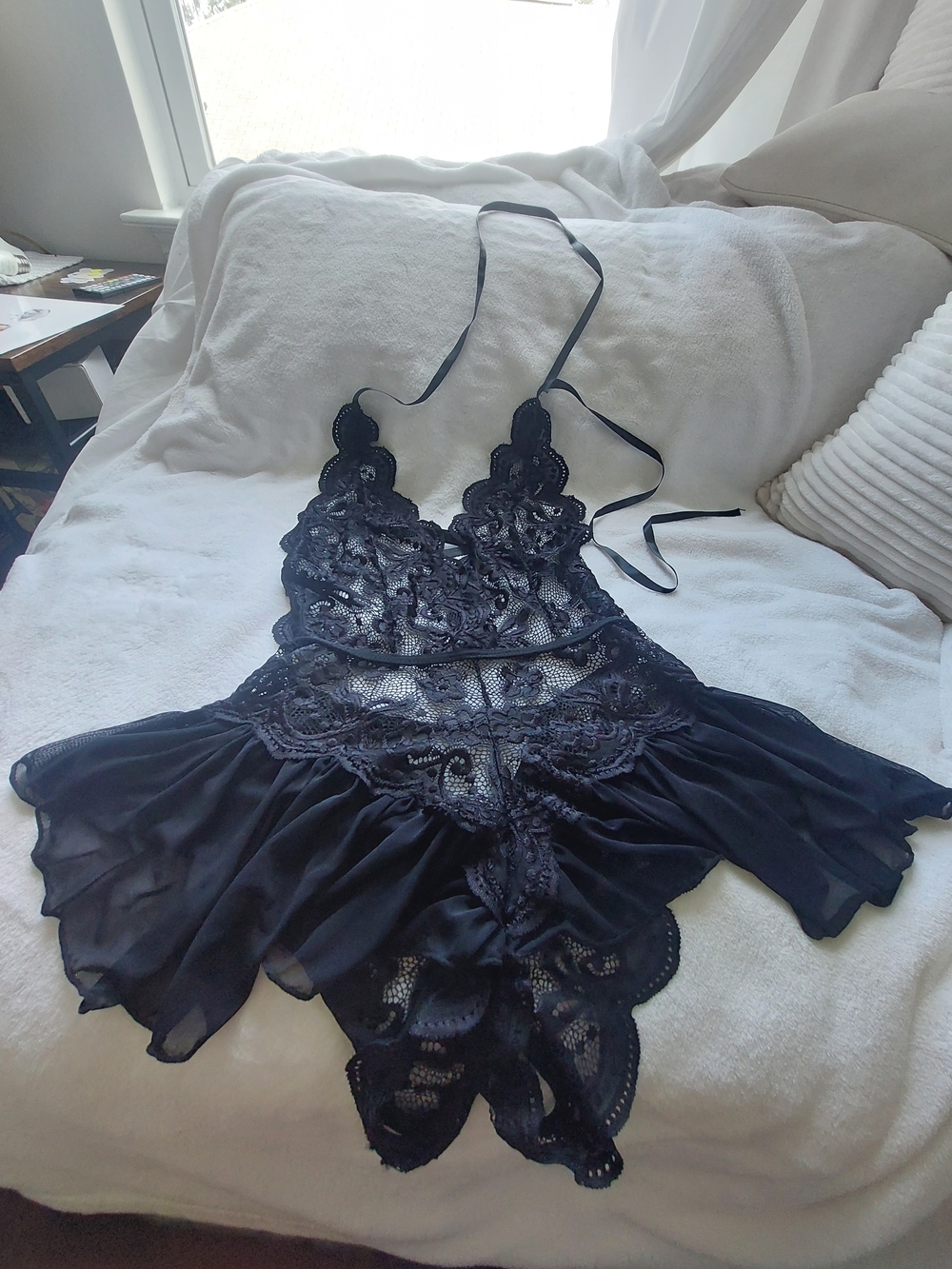 Rene Rofe Black Lace Halter Chemise with Chiffon Skirt M/L